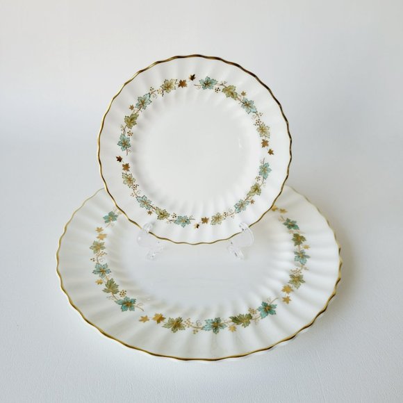 Royal Doulton Piedmont Dinner & Bread Plate Set, Green Gold Leaves Swirl Rim VTG - Picture 2 of 14